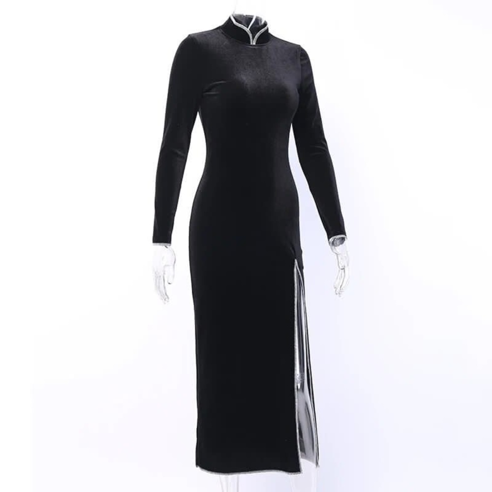 NEW GOTH HIRAJUKU BLACK VELVET MAXI DRESS - Picture 2 of 11